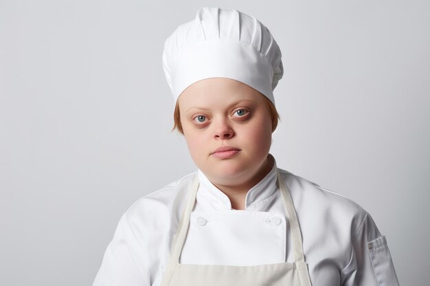 Um retrato de uma jovem mulher com síndrome de Down que é cozinheira em fundo branco gerado por ai