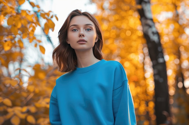 Um retrato de uma jovem mulher com um suéter azul falso Generative Ai