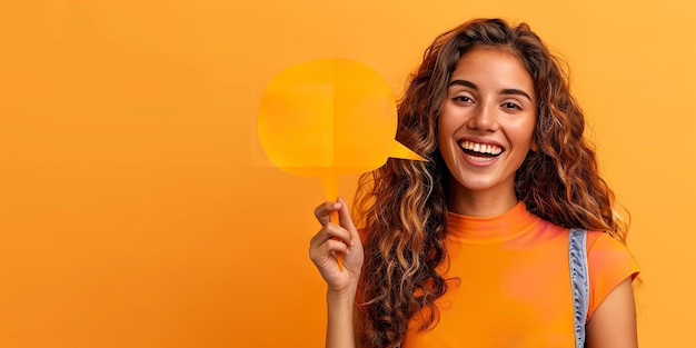 Foto um retrato de uma jovem mulher segurando uma bolha de texto contra um fundo laranja limpo com um sorriso feliz e um grande espaço para texto ou publicidade de produto ia geradora