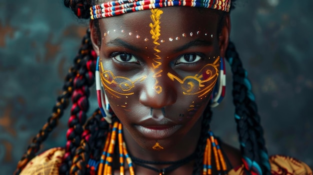 Um retrato de uma jovem negra com o rosto coberto de vibrantes marcas tribais e o cabelo adornado