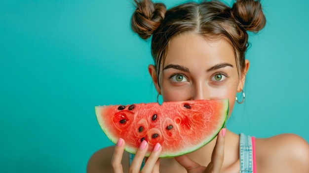 Um retrato de uma jovem segurando uma fatia de melancia de verão até o rosto