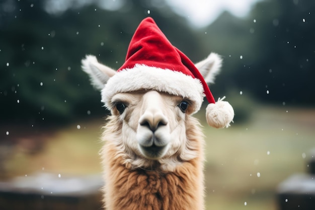 Um retrato de uma lhama festiva usando um chapéu de Papai Noel de Natal