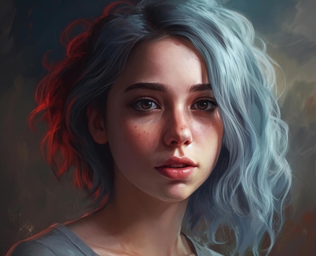 Um retrato de uma menina com cabelo azul