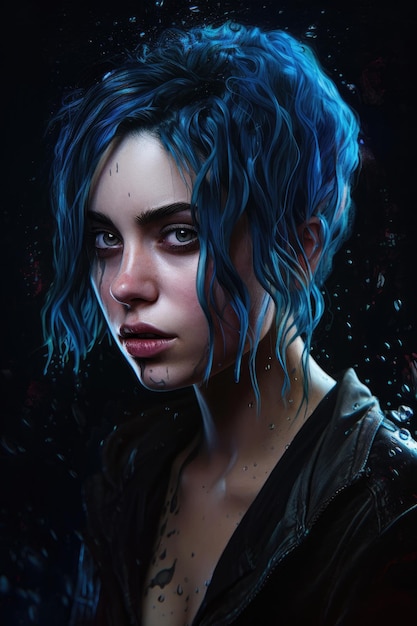 Um retrato de uma menina com cabelo azul