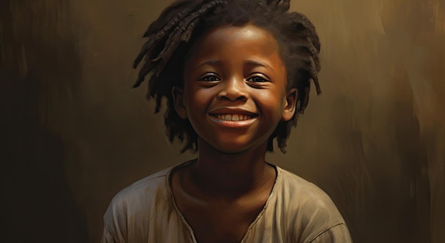 Um retrato de uma menina com dreadlocks e um fundo marrom.
