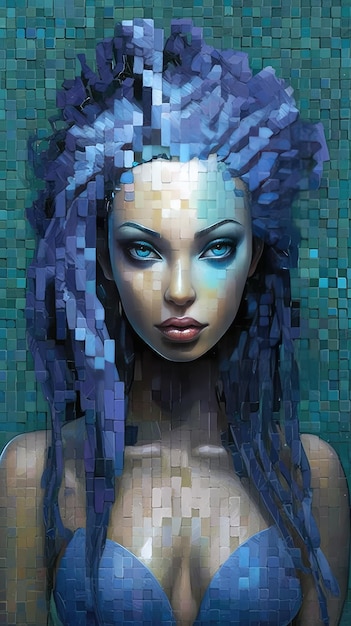 Um retrato de uma mulher com cabelo azul e olhos azuis.