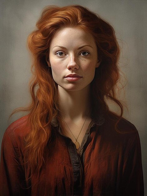 Um retrato de uma mulher com cabelo ruivo e uma camisa vermelha.