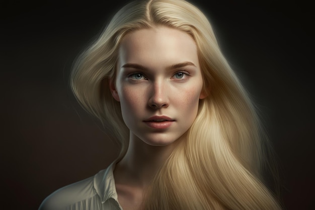 Um retrato de uma mulher com cabelos loiros e uma camisa branca.
