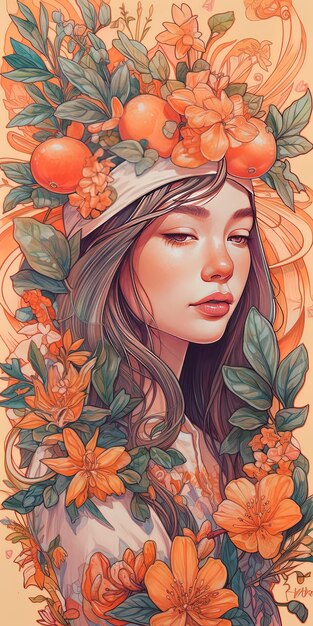 Um retrato de uma mulher com flores na cabeça.