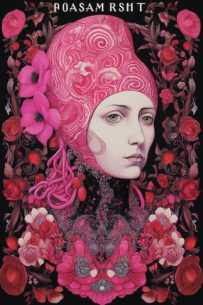 Um retrato de uma mulher com flores no cabelo.