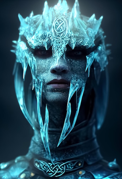 Um retrato de uma mulher com gelo e uma cabeça de peixe.