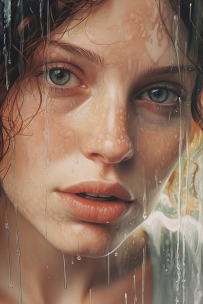 Um retrato de uma mulher com sardas e uma gota de água no rosto.
