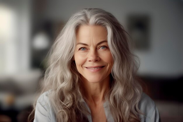 Foto um retrato de uma mulher de meia-idade com cabelos prateados sorrindo para a câmera em sua aconchegante sala de estar