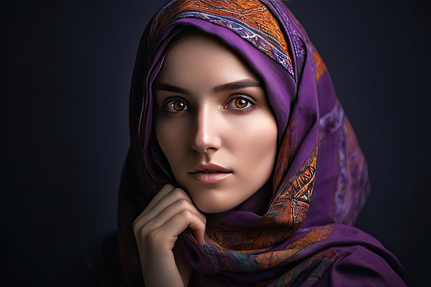 Um retrato de uma mulher vestindo um hijab roxo Generative Ai