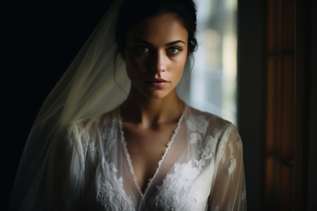 um retrato de uma noiva antes de seu casamento fotografia com luz escura