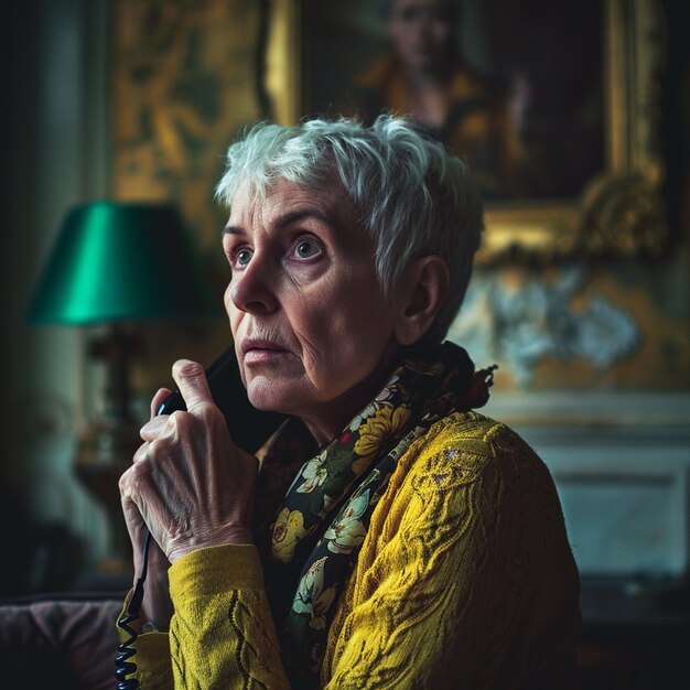 Um retrato de uma senhora mais velha triste e preocupada enquanto olha para seu smartphone