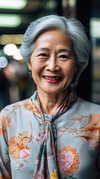 um retrato de uma velha com uma camisa floral.