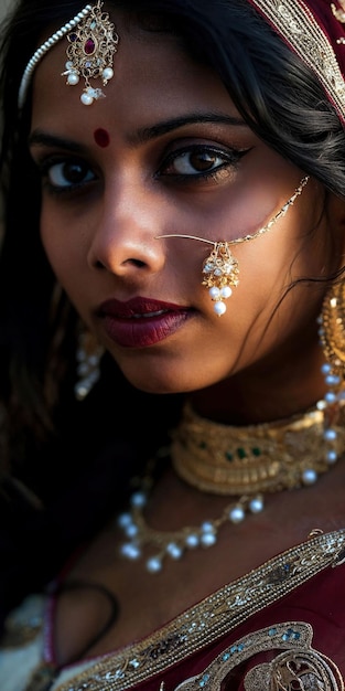 Foto um retrato detalhado de uma mulher adornada com jóias e maquiagem tradicionais indianas