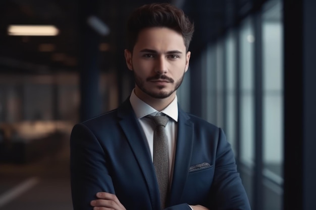 Um retrato do jovem empresário em pé dentro de casa em um escritório
