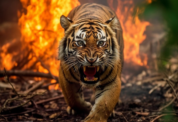 Foto um retrato do pobre tigre parece triste e louco tentando atacar a floresta em chamas