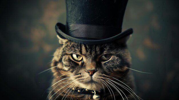 Um retrato em close-up de um gato vestindo um chapéu alto O gato está olhando para a câmera com uma expressão séria