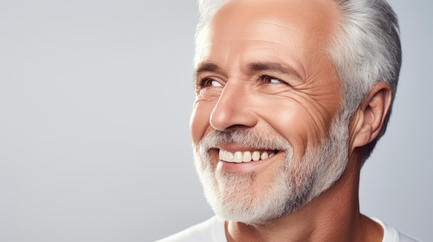Um retrato em close-up de um homem maduro e bonito sorrindo com dentes limpos para um cara de anúncio dental