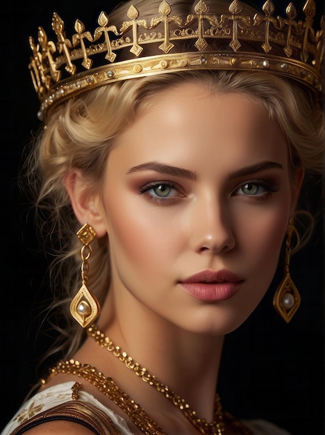 um retrato em close-up de uma bela jovem rainha loira europeia medieval com uma coroa de ouro