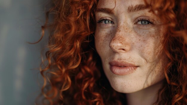 Um retrato em close-up de uma mulher com cachos e sardas vermelhas de fogo