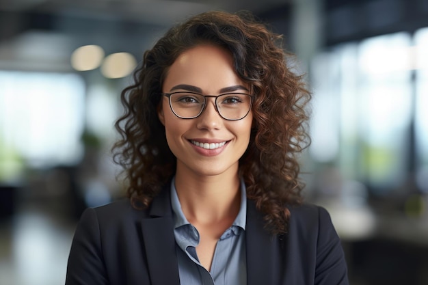 Um retrato em close-up de uma mulher de negócios confiante em um ambiente de escritório moderno