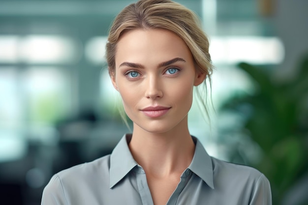 Um retrato em close-up de uma mulher de negócios confiante em um ambiente de escritório moderno