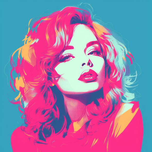 Foto um retrato em estilo pop art de uma mulher com cabelo rosa e azul