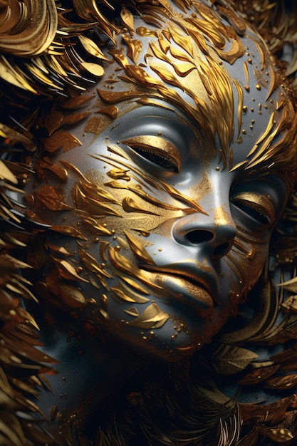 Um retrato em ouro e prata de uma mulher com folhas de ouro no rosto.