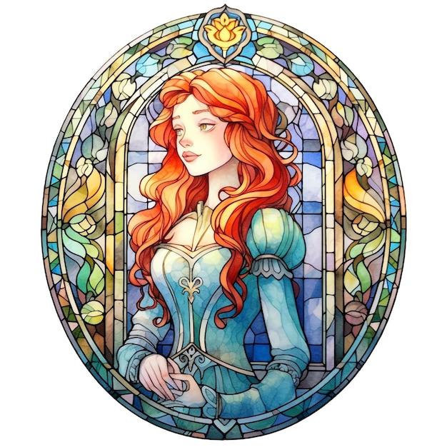 Um retrato em vitral da princesa Ariel.