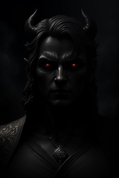 Um retrato escuro de um demônio com olhos vermelhos e olhos vermelhos.