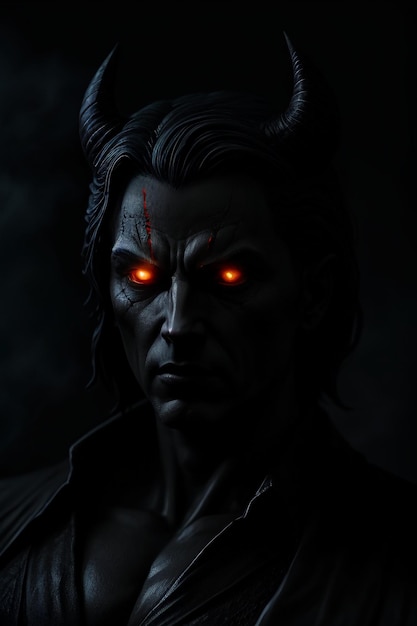 Um retrato escuro de um diabo com olhos vermelhos e olhos laranjas brilhantes.