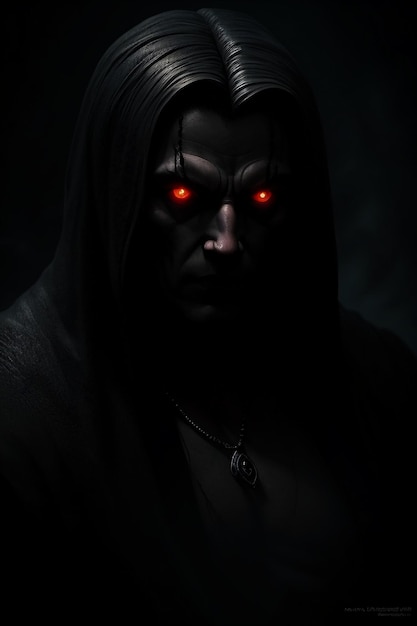 Um retrato escuro de um homem com olhos vermelhos brilhantes.