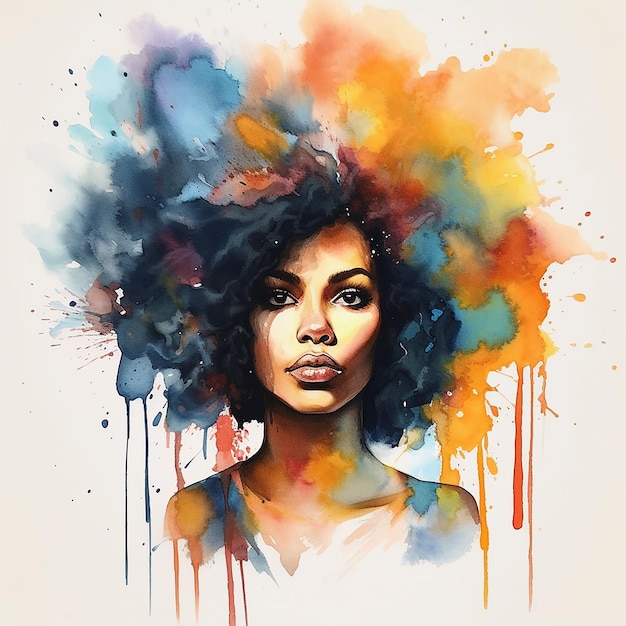 Um retrato facial de uma bela mulher com cabelos fluentes pintando uma imagem de desenho animado colorida e ilustrada
