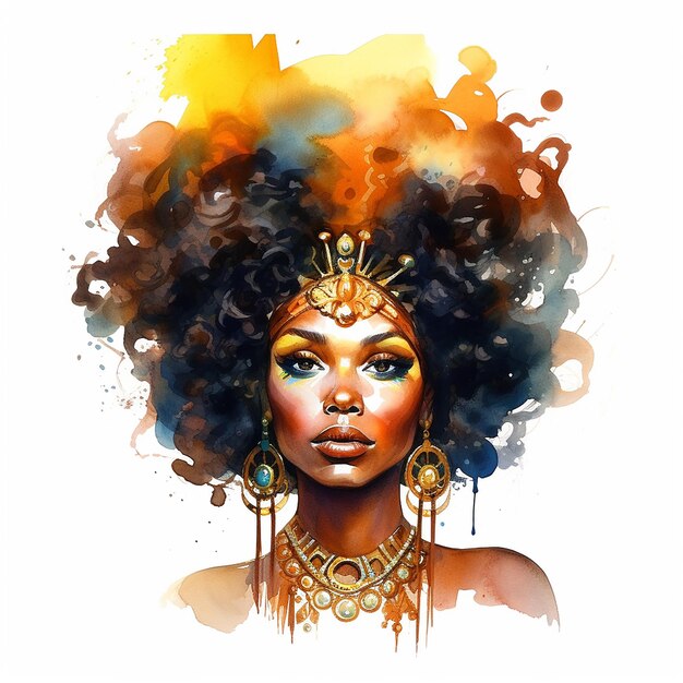 Um retrato facial de uma bela mulher com cabelos fluentes pintando uma imagem de desenho animado colorida e ilustrada