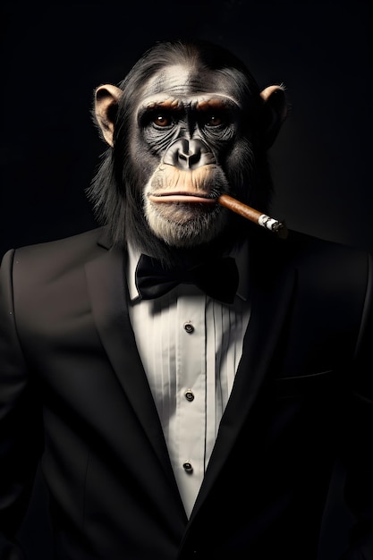 Foto um retrato fictício de um chimpanzé fumando charuto criado por um software de ia generativo