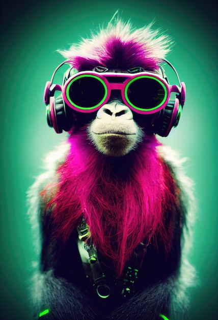 Um retrato fictício de um macaco punk com fones de ouvido e cabelos coloridos Um macaco hipster