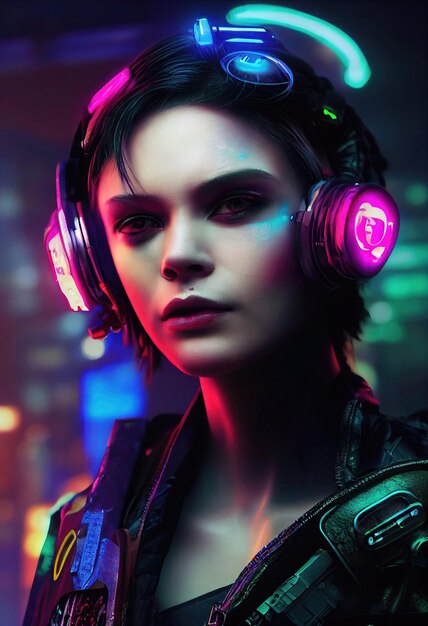 Um retrato fictício de uma garota scifi cyberpunk em um cenário de luzes de néon mulher de alta tecnologia