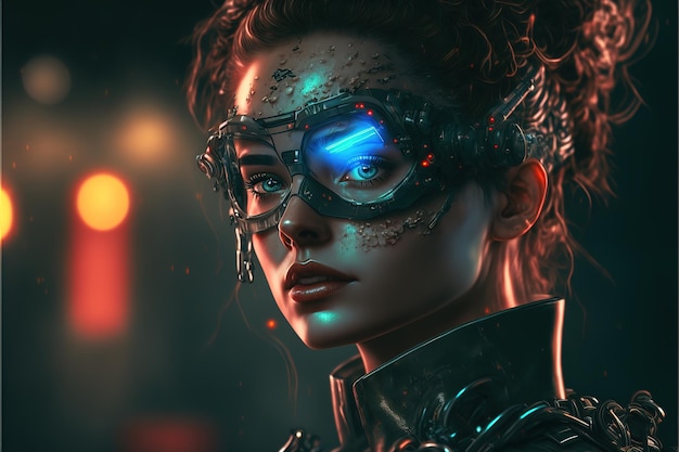 Um retrato fictício de uma garota scifi cyberpunk em um cenário de luzes de neon