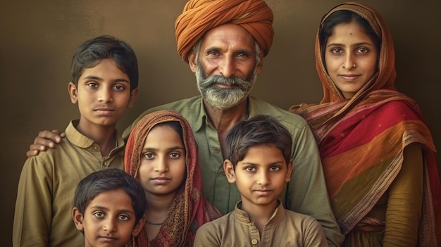 Foto um retrato fotográfico com família indiana tradicional criado com ai generativo