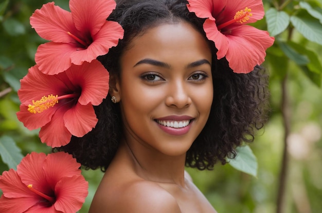 Foto um retrato fotográfico de uma jovem caribenha com hibisco