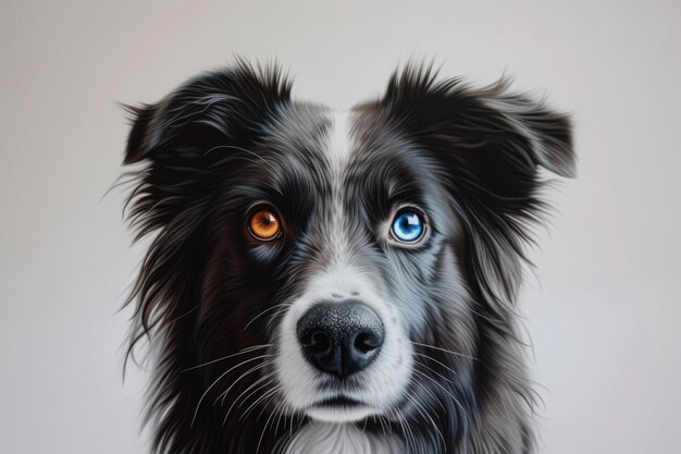 Um retrato fotorrealista de um cão com heterocromia capturando olhos de diferentes cores