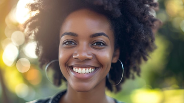 Um retrato genuíno e cativante de uma pessoa com um sorriso contagioso banhada em luz natural suave a imagem destaca sua verdadeira emoção