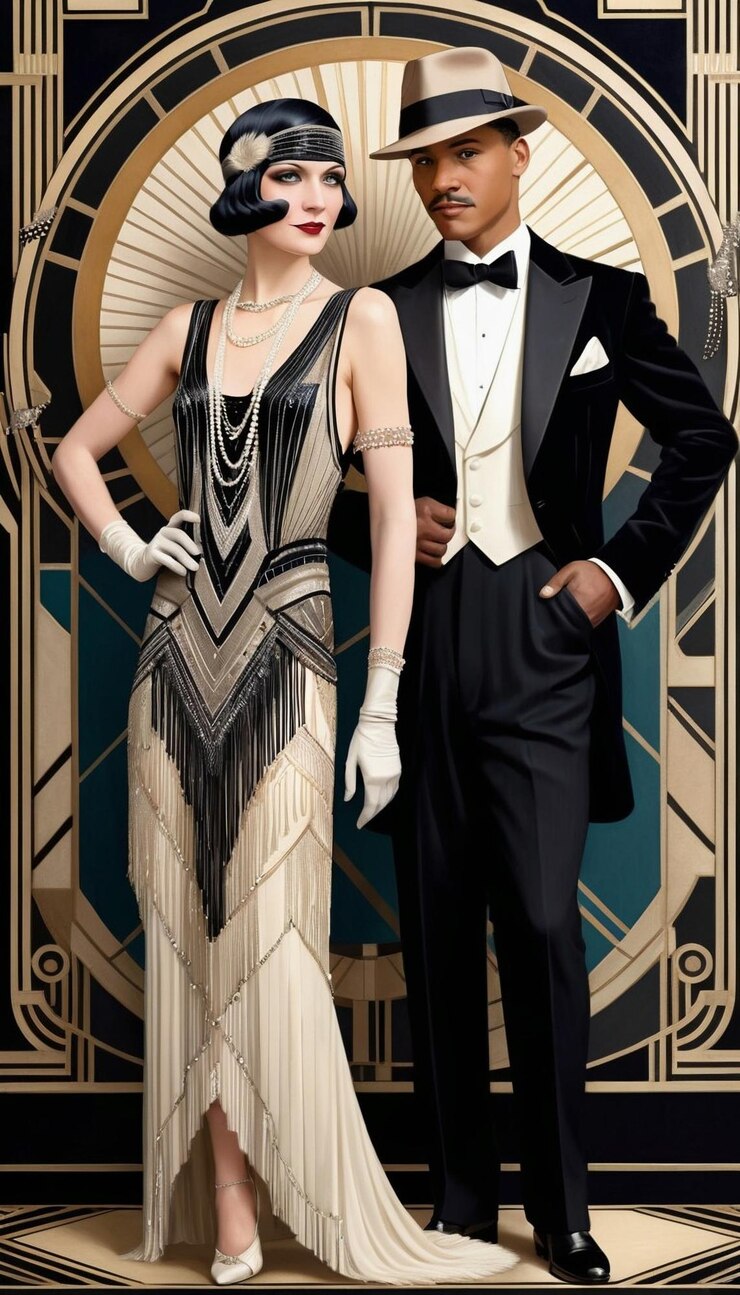 Foto um retrato glamuroso de um grande casal gatsby dos anos 20 capturando a essência da era do jazz.