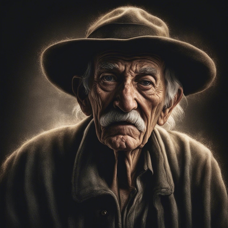 Foto um retrato hiper-realista de um velho isolado em fundo escuro
