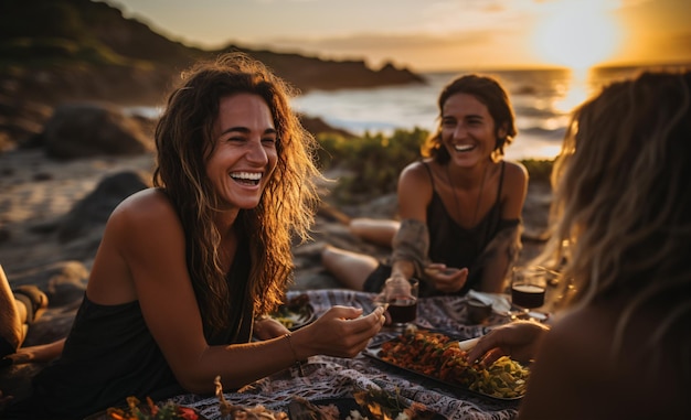 Um retrato hipnotizante de um grupo misto de amigos desfrutando de um piquenique à beira-mar com uma deliciosa culinária, diversão alegre e um glorioso pôr-do-sol à distância.