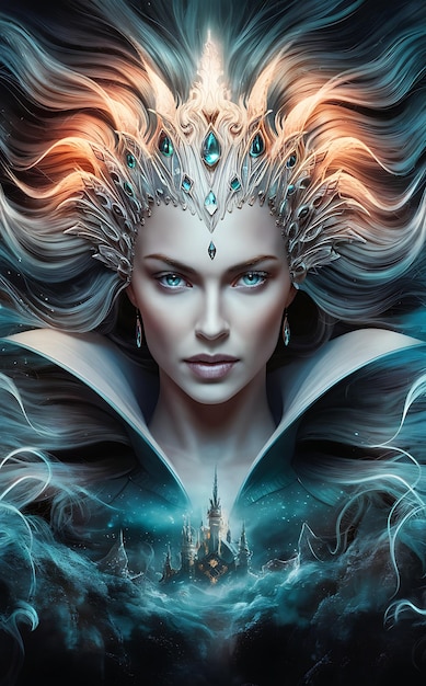 Foto um retrato impressionante e altamente detalhado de uma rainha mística com um elaborado tocado brilhante
